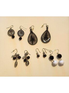 Lot of 5 Silver Tone Black & White Dangle Pierced Earrings Various Styles